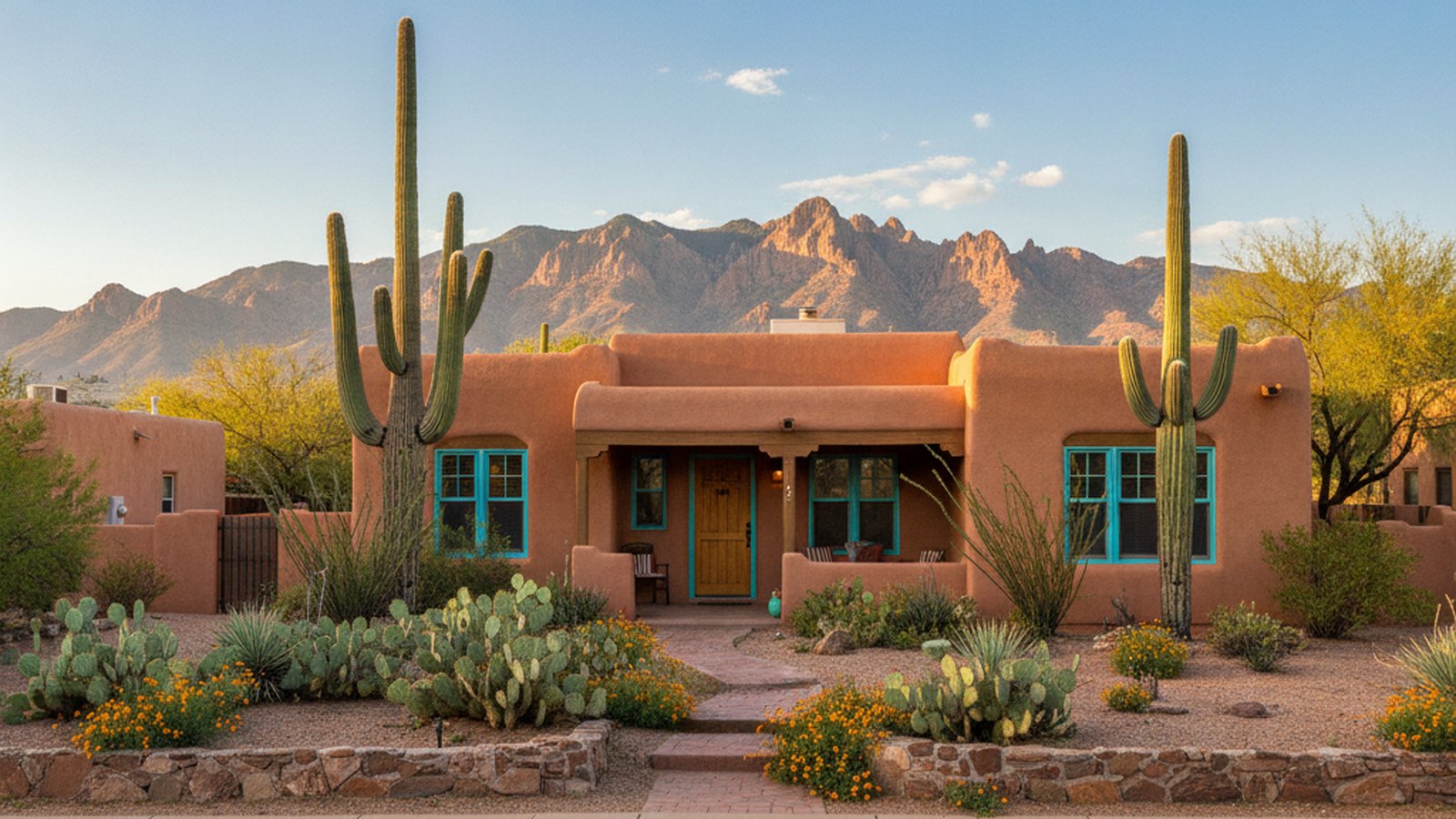 Tucson neighborhood with saguaros and the Santa Catalina Mountains
